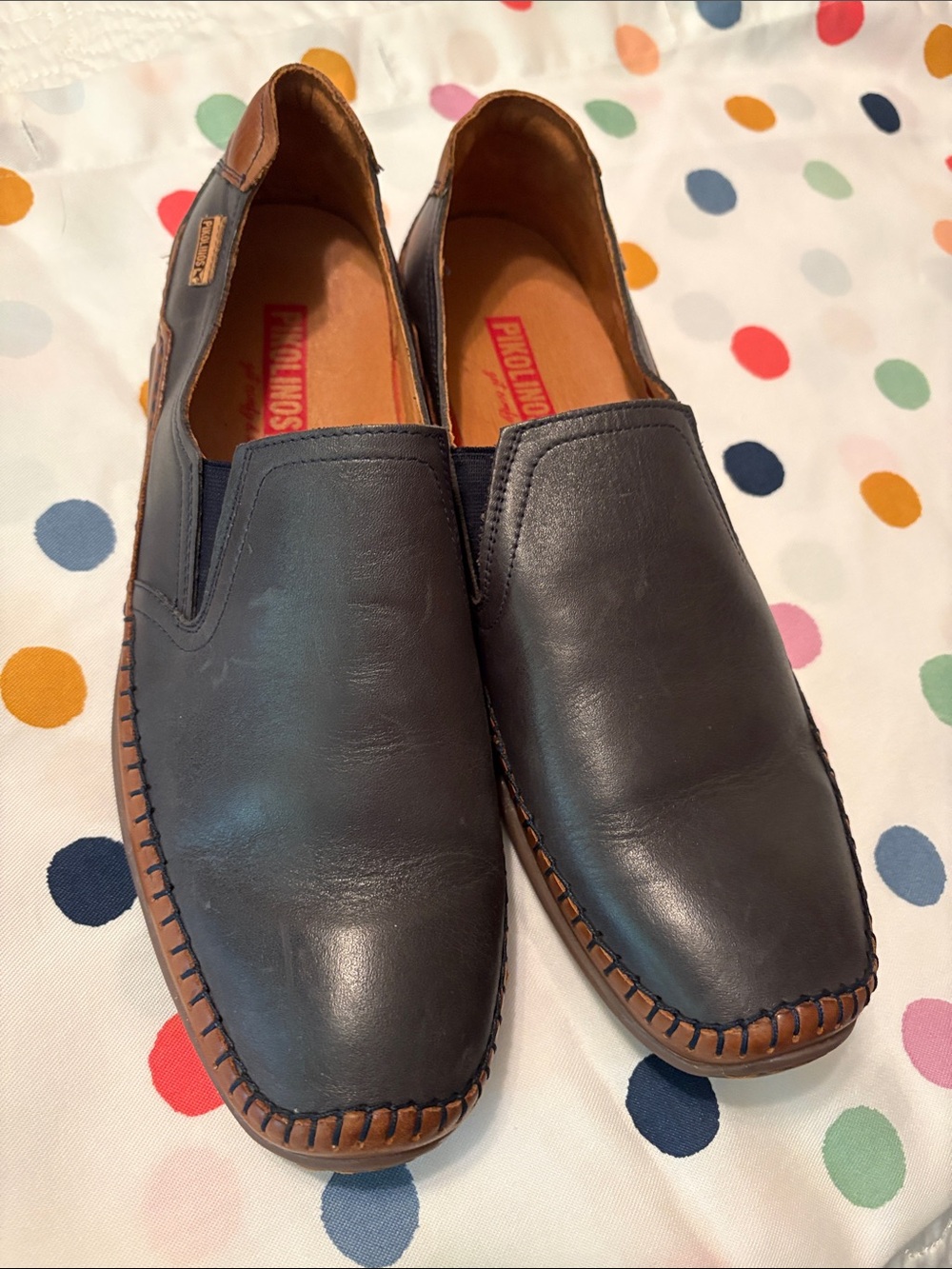 PIKOLINOS Navy Leather Slip-On Loafers with Tan Trim